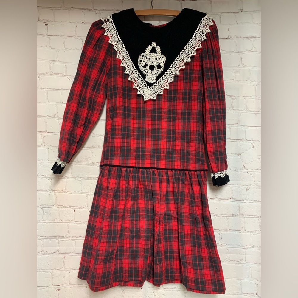 Vintage Jo Lene Victorian Christmas Red Plaid Drop Waist Dress Size 12 USA​
